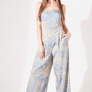 Chic Strapless Blue and Cream Jumpsuit